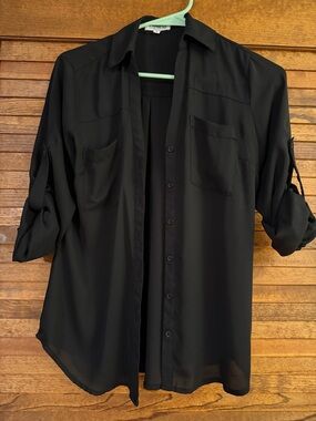Classic Black Button-Up Sheer Blouse Express Portofino